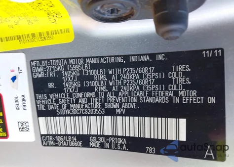 2012 Toyota Sienna Xle V6 8 Passenger z USA, uszkodzony, nr VIN 5TDYK3DC7CS203553